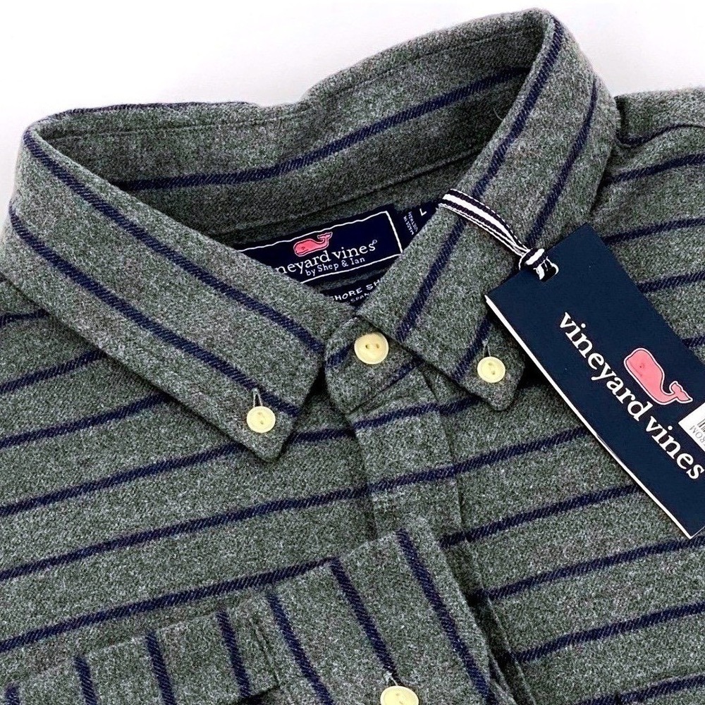 Vineyard Vines Mens Large Slim Longshore Flannel Shirt Grey Harbor Striped NEW